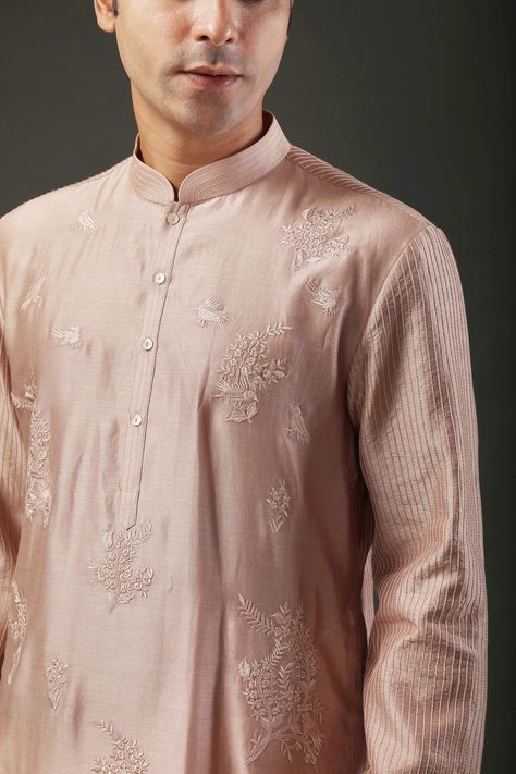 Buy Brown Kurta Chanderi Silk Embroidered Resham Set For Men by Rohit Bal Online at Aza Fashions. Kurta Designs Men's, Cotton Churidar, Silk Churidar, Rohit Bal, Blouse Designs Silk, Bird Embroidery, Kurta Designs, Kurta Set, Embroidered Silk