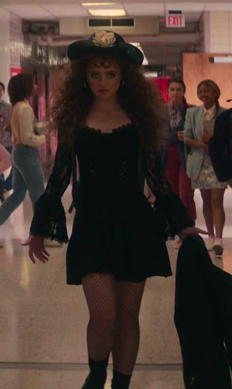 Black Goth Mini Dress with Sheer Lace Sleeves Worn by Kathryn Newton as Lisa Swallows in Lisa Frankenstein (2024) Goth Movie Aesthetic, Goth Tv Characters, Lisa Swallows Outfits, Lisa Frankenstein Inspired Outfits, Kathryn Newton Outfits, Lisa Frankenstein Cosplay, Lisa Frankenstein Costume, The Craft Movie Outfits, Lisa Frankenstein Outfits