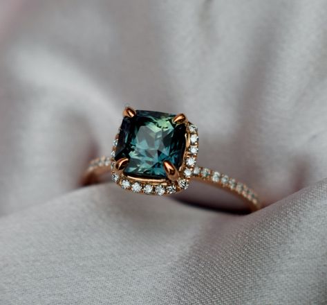 Peacock Sapphire Engagement Ring, Matt Ross, Engagement Ring Square, Peacock Sapphire, Blue Green Sapphire Ring, Emerald Engagement Ring Green, Square Engagement Rings, Dream Things, Green Sapphire Ring