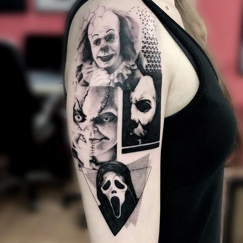 Horror sleeve by Trudy #TrudyLines #movietattoos #blackandgrey #portraits #realism #realistic #abstract #pattern #shapes #Scream #Pennywise #michaelmyers #chucky #Halloween #horror #tattoooftheday Movie Character Tattoos, Pennywise Tattoo, Chucky Tattoo, Halloween Tattoos Sleeve, Horror Movie Tattoos, Movie Tattoo, Tattoo Background, Movie Tattoos, Scary Tattoos