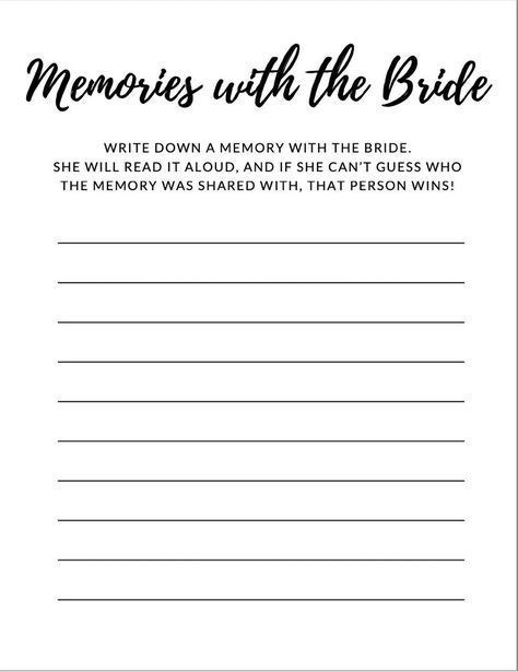 A fun bridal shower game where guests write their favorite memories with the bride, and the bride guesses who wrote each memory down! Perfect for any bridal shower/wedding event or occasion. Purchase for digital copy to print however many copies needed for your occasion! Whose Memory Bridal Shower Game, Bridal Shower Memory Game, Who Am I Bridal Shower Game, Bridal Party Game Ideas, Diy Bridal Shower Games, Diy Bachelorette, Bridal Shower Games Funny, Wedding Games For Guests, Bridal Party Games