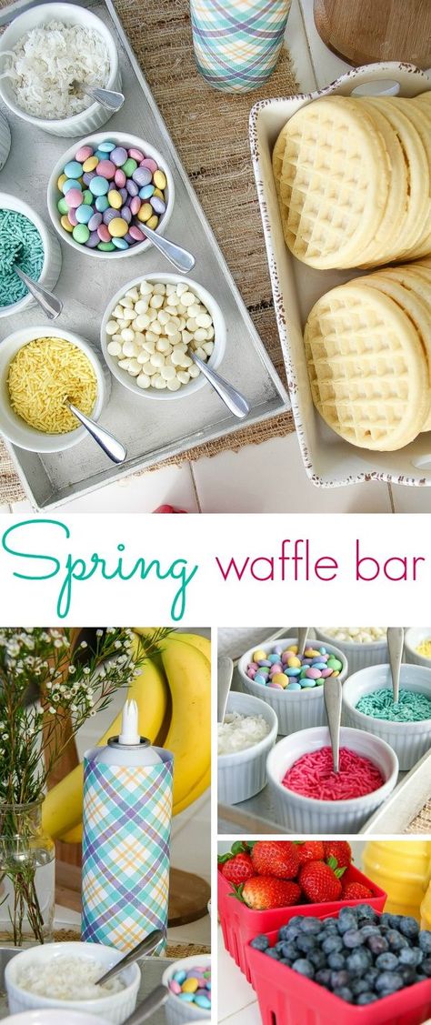 A Spring themed self-serve waffle bar, perfect for Easter parties or Sunday brunch with your family. Easter Sunday Breakfast, Brunch Decor, Waffle Bar, Easter Breakfast, Easter Brunch Food, Breakfast Party, Birthday Breakfast, Breakfast Waffles, Spring Brunch