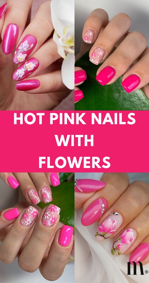 Embrace hot pink nails with flowers for a chic look. Explore designs featuring cute accents, glitter, and gems. Save to your Nail Art board and get more ideas from our article! Hot Pink Nails With White Flowers, Pink Chrome Flower Nails, Hot Pink Floral Nails, Hot Pink Vacation Nails, Hot Pink Nails With Flowers, Pink Floral Nail Designs, Pink Nails With Flower Design, Bright Pink Nails With Design, Pink Flower Nail Designs