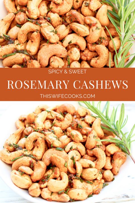 Rosemary Cashews ~ These roasted cashews are a little sweet, a little spicy, completely delicious, and perfect for holiday gifting! Ina Garten Rosemary Cashews, Spiced Cashews Recipe, Salted Cashews Roasted, Rosemary Roasted Cashews, Cinnamon Roasted Cashews, Rosemary Cashews, Spiced Cashews, Cashew Recipes, Completely Delicious