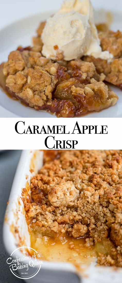 All it takes is 5 minutes and 6 ingredients, seven if you count ice cream, to throw this gorgeous caramel apple crisp together. There is nothing better than a fresh, homemade apple crisp. And this recipe for Caramel Apple Crisp is not only easy to make but provides a delicious dessert for the holidays. Caramel Apple Crisp Recipe, Crisp Topping, Caramel Apple Crisp, Oatmeal Toppings, Easy Apple Crisp Recipe, Autumn Food, Diy Easy Recipes, Crisp Apple, Apple Crisp Recipes