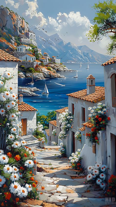 Paintings Of Greece, View Art Painting, Village Wallpaper, Greece Landscape, Village Painting, Greece Painting, Greece Art, Italy Landscape, Landscape Art Painting