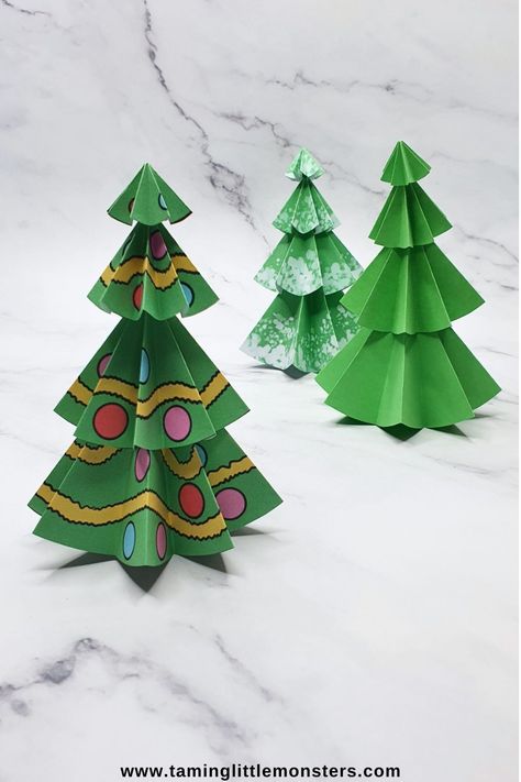 3D Paper Christmas Tree Craft (Free Printable Template).    A fun art and craft for kids to try this holiday season.     The free printable templates are available in both color and black and white.    #christms #artsandcrafts #freeprintable 3d Paper Templates Free Printable, 3d Printable Paper Crafts, 3d Ornament Template Free Printable, Paper Cutout Template, Christmas Tree Templates Free Printable, Christmas Templates Free Printable, Papercrafts Templates, Paper Christmas Tree Craft, 3d Paper Christmas Tree