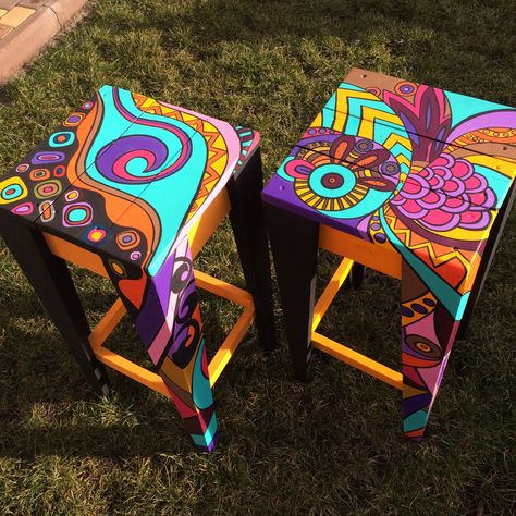 Hand Painted Stools, Painted End Tables, Hand Painted Chairs, Painted Stools, Whimsical Painted Furniture, Funky Chairs, Painted Coffee Tables, Whimsical Furniture, Painted Chair