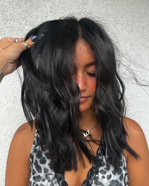 This babe wanted to join the dark side for this school year. Sometimes all black hair just hits different! Colored with @redkenpro Styled with @igkhair @aiirprofessional @bioionic @kevin.murphy #mastercolorist #redken #newhairschoolhair #newschoollook #fallhairinspo #fallhaircolor #blackhair #shinysilkyhair #hairtransformation #coloredbyredken #utahhair #utahhairgirl #utahmastercolorist #utahisrad #utahsmallbusiness #smallbusiness Black Gloss Hair, Warm Tone Black Hair, Off Black Hair Color, Dark Medium Hair, Dark Black Brown Hair, Black Hair With Chocolate Highlights, Black Hair Curtain Bangs, Short Jet Black Hair, Jet Black Short Hair