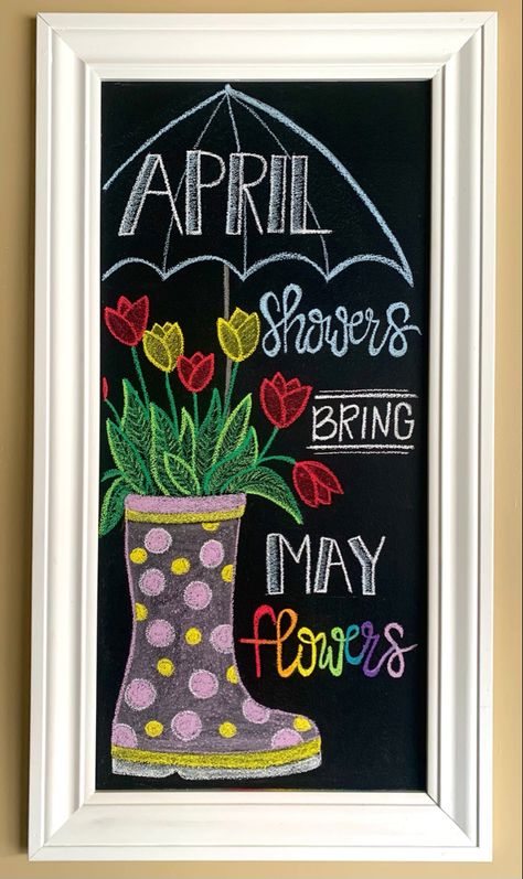 April Showers Bring May Flowers Chalkboard, April Showers Chalkboard Art, Spring White Board Drawings, April Blackboard Ideas, April Calendar 2024 Chalkboard, April Window Art, Spring Dry Erase Board Art, April White Board Ideas, Spring White Board Ideas