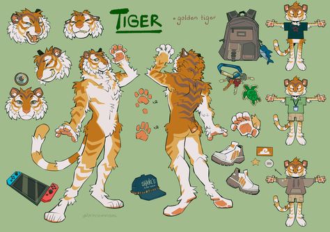 Golden Tiger Character Design, Anthro Tiger Character Design, Tiger Fursona Ref Sheet, Big Cat Fursona, Anthro Reference Sheet, Fursona Ref Sheet Base, Tiger Fursona, Fursona Reference Sheet, Fursona Ref Sheet