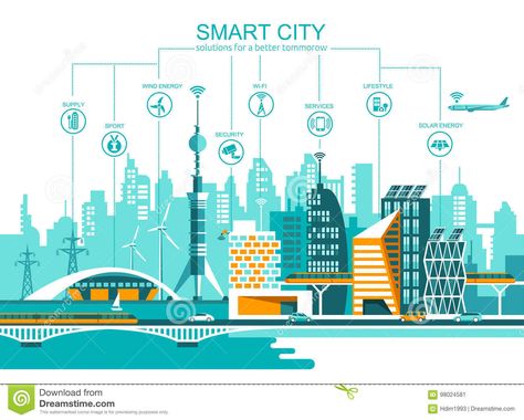 Smart City Flat. Cityscape Background With Different Icon And Elements. Modern Architecture. Stock Vector - Illustration of innovation, communication: 98024581 Control Illustration, Infrastructure Architecture, Cityscape Background, Urban Design Graphics, Architecture Icons, City Planner, Mix Use Building, City Illustration, Future City