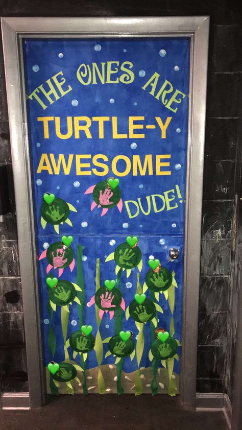 Daycare Doors Ideas, Turtle Classroom Door Ideas, Summer Themed Classroom Door Decorations, August Bulletin Board Ideas For Toddlers, Summer Doors For Daycare, Preschool Teacher Door Ideas, Turtle Bulletin Board Preschool, Ocean Theme Infant Classroom, Summer School Door Decorations