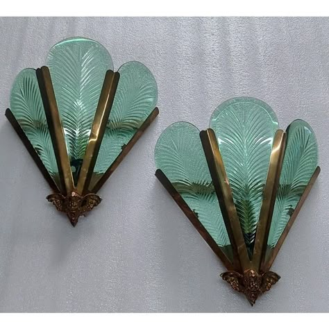 Pair Vintage Art Deco Nouveau Brass Heavy Green Cut Glass Fixture Slip Shade Wall Sconces Lamp Excellent Working Condition Without Any Damage Size Length 12 inch Breadth 10 inch Width 4 inch Ship Light, Lampe Art Deco, Green Art Deco, Shade Wall, Art Deco Bedroom, Art Deco Bathroom, Deco Bedroom, Art Deco Decor, Deco Decor