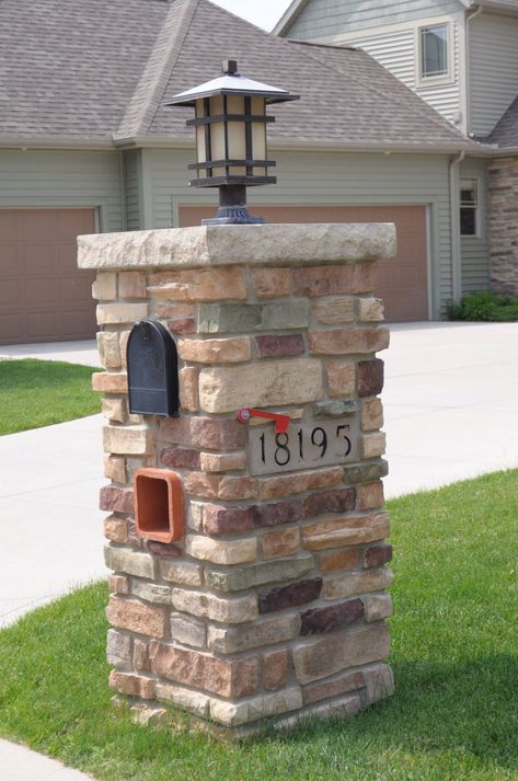 Stylish Mailbox Ideas to Leave a Lasting Impression Mailbox Update, Mailbox Enclosures, Pier Caps, Mailbox Designs, Stone Mailbox, Brick Mailbox, Entry Light, Mailbox Makeover, Mailbox Landscaping