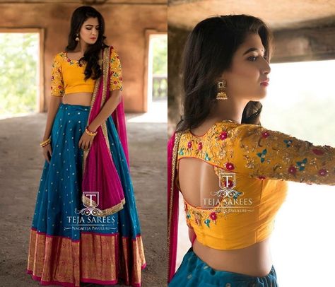 Blouse Designs For Half Saree, Half Saree Blouse Designs, Choli Blouse Design, Lehenga Saree Design, Choli Dress, Half Saree Lehenga, Lehenga Blouse Designs, Silk Saree Blouse Designs, Half Saree Designs