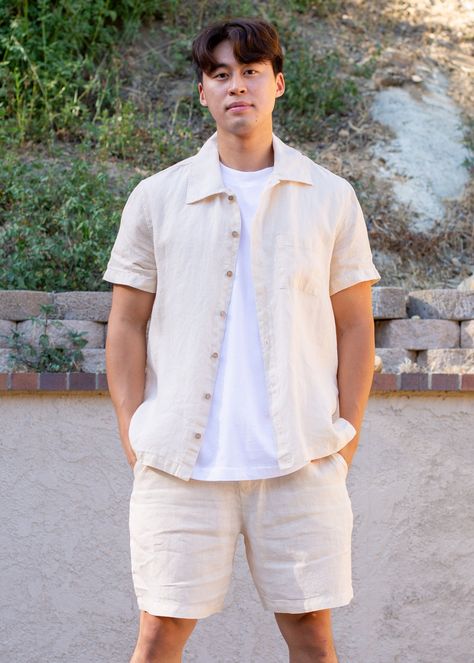 A men's linen short with pockets and drawstring. Same fit as our Terry Simple Short. Wear as a set with the Linen Button Down. Details • Standard fit w/pockets• Elastic waistband• Pre-washed/garment dyedMeasurements based on size L• Waist: 34"• Inseam: 7"• Model is 6' 1". Wearing size L. Fabric + Care • 100% Linen• Machine wash in cold water with like colors. Tumble dry low or lay flat to dry.• Sustainably & ethically made in Los Angeles, CA Cost Cost Per Wear• 5 wears: $13.00• 10 wears: $6.50• Linen Coord Set Men, Men’s Clothing Beach, Men’s Resort Wear, Linen Men Outfit, Mens Linen Outfit, Men Linen Outfit Summer, Linen Outfit Men, Linen Shorts Outfit, Bali Outfit