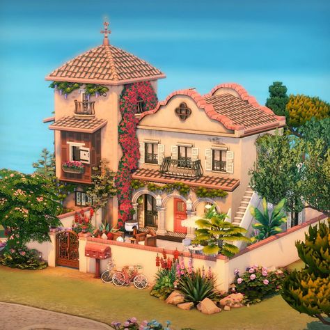 Sims 4 Houses Mediterranean, Spanish Style Homes Sims 4, Spanish Villa Sims 4, Sims 4 Spanish House, Sims 4 Strangerville Build, Sims 4 Spanish Style House, Sims 4 House Floor Plans, Sims 4 Mediterranean House, Sims Sulani