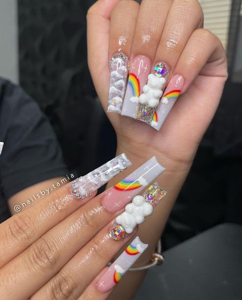 Care Bear Inspired Nails, Care Bears Nails Acrylic, Care Bear Gender Reveal Ideas, Care Bear Acrylic Nails, Care Bears Gender Reveal, Care Bare Nails, Baby Gender Nails, Care Bear Baby Shower Theme, Care Bears Baby Shower Theme