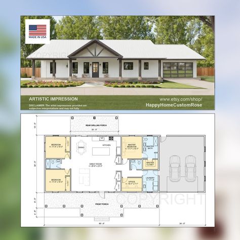 Harvest Farmstead Modern House Open Plan Design 84 X 30 3 Bed 2.5 Bath 2 Car Drawings Blueprints - Etsy Open Plan Design, Property Ideas, House Hacks, Farmhouse Floor Plans, Cottage Floor Plans, Barn Style House Plans, House Plans 3 Bedroom, 4 Bedroom House Plans, Plans House