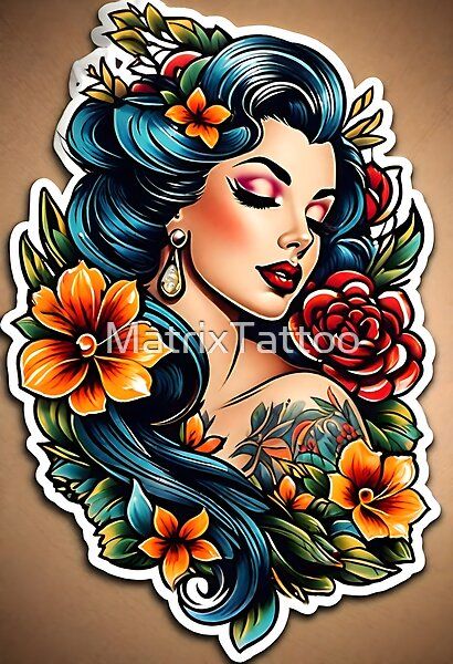 Pin up Tattoo by MatrixTattoo | Redbubble New School Pinup Tattoo, Mid Century Tattoo Ideas, Traditional Lady Face Tattoo, Pinup Tattoo Ideas, Traditional Tattoo Woman Face, Neo Traditional Chest Tattoo, Pin Up Girl Tattoos, List Tattoo, Tiktok Drawings