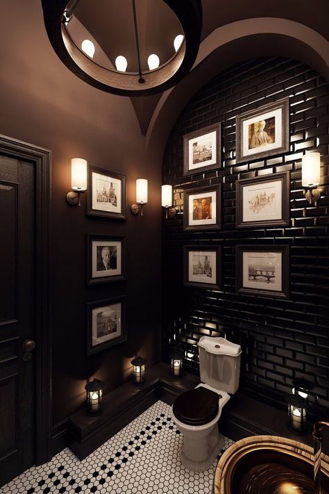 Modern Victorian Bathroom, Toilette Design, Victorian Bathroom, Dark Home Decor, Dark Home, Modern Victorian, Dark Interiors, Trendy Bathroom, Ideas Bathroom