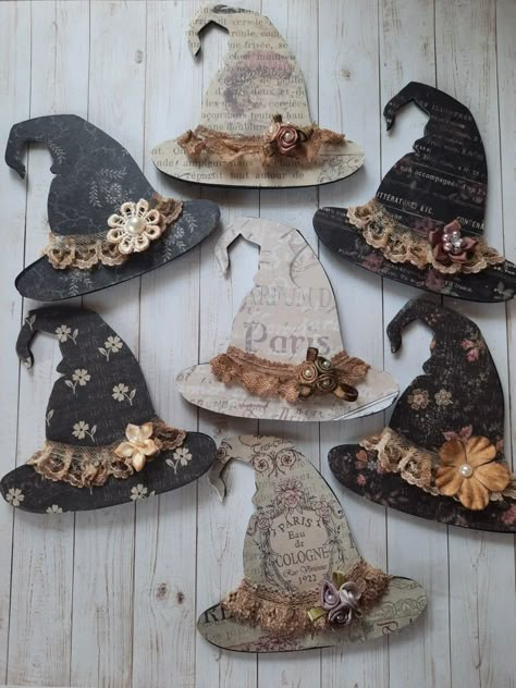 Cool Craft Ideas For Adults, Dollar Tree Halloween Wooden Cutouts, Halloween Diy Crafts To Sell, Halloween Craft Fair Ideas, Wood Witch Hat, Fall Craft Projects, Halloween Embellishments, Idea For Halloween, Witches Hats