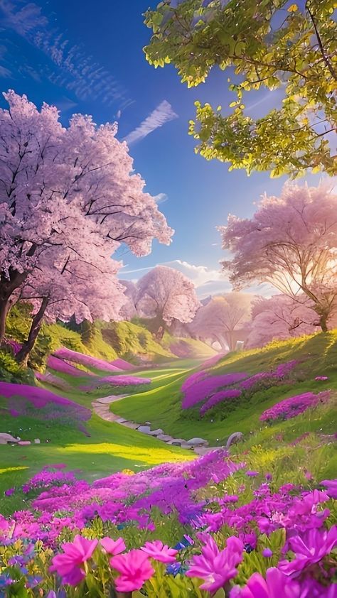 Spring Wallpaper Aesthetic, Art And Nature, Dreamy Artwork, Pastel Landscape, Dreamy Landscapes, Love Animation Wallpaper, Majestic Mountains, Cute Flower Wallpapers, Wallpaper Nature Flowers