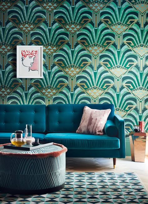 Art Deco Interiors: The Great Gatsby And The Jazz Age Decorating Trend That wallpaper is amazing! Art Deco Interiors, Modern Art Deco Interior, Interior Art Deco, Arte Art Deco, Art Deco Style Interior, Art Deco Living, Deco Interiors, Art Deco Living Room, Motif Art Deco