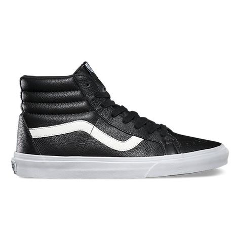 The Leather Sk8-Hi Reissue, the legendary lace-up high top inspired by the Vans classic Old Skool, has been reissued with a vintage sensibility featuring premium leather uppers, re-enforced toecaps to withstand repeated wear, signature waffle rubber outsoles, and padded collar and heel counters for support and flexibility. Vans Classic Old Skool, Vans Sk8 Hi Reissue, How To Wear Vans, Leather Vans, Vans High, Black Vans, Woman's Fashion, Leather High Tops, Mens Black Leather