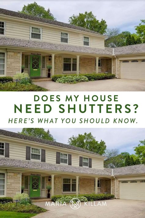 Shutters Before And After Exterior, Shutters Yes Or No, Home Exterior Shutters, Tan House With White Shutters, Build Shutters Exterior, Windows With Shutters Exterior, Farmhouse Without Shutters, Best Color Shutters For White House, Home With Shutters Exterior Colors