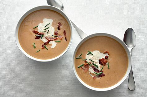 Chestnut Soup with Bacon and Chives recipe French Thanksgiving, Pureed Soups, Chestnut Soup, Thanksgiving Menu Recipes, Thanksgiving Soups, Chives Recipe, Chestnut Recipes, Soup With Bacon, Fusilli Pasta