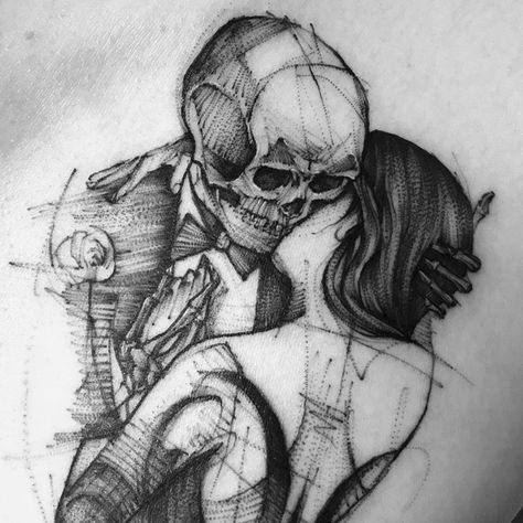 Spontaneity on the Skin: Sketchbook-Like Tattoos of Bk Tattooer | Scene360 Skeleton Dancing With Woman Tattoo, Skeleton With Woman Tattoo, Woman And Skeleton Tattoo, Dancing Skull Tattoo, Skeleton Dancing With Woman, Skeleton And Woman Tattoo, Skull And Woman Tattoo, Dancing Couple Tattoo, Skeleton Dancing Tattoo