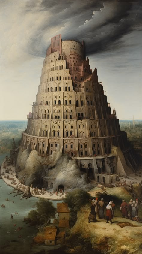 Tower Of Babel Tattoo, Ark Of The Convent, Babylon Architecture, Tower Of Babel Art, Amphitheatre Architecture, Babylon Painting, Ancient Babylonia, Babylon Art, Babel Tower