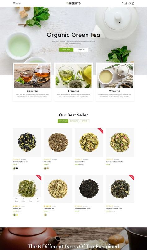 Organic Tea Store Shopify Theme Product Website Design, Organic Tea Brands, Tea Store Design, Webpage Design Layout, Nutrition Website, Tea Website, Ux Design Process, Herb Shop, Email Marketing Design Inspiration