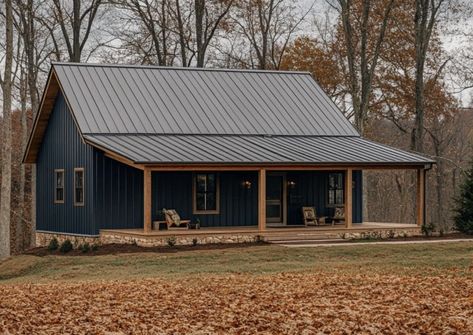 Tin Exterior House, Metal House Exterior, Black Tin Roof, Small Pole Barn Homes, Metal Siding House, Tin Roof House, Texas Barndominium, Metal Roof Houses, Small Cottage House Plans