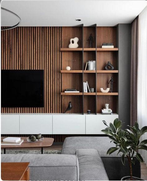 Feature Wall Living Room, Built In Shelves Living Room, Tv Room Design, House Interior Decor Ideas, Rack Tv, Tv Wall Design, Tv Units, Living Room Design Decor, Home Design Living Room