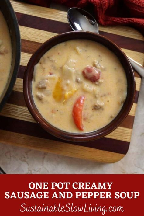 Dinner Ideas Cold, Dinner Ideas Cold Weather, Sausage And Pepper Soup, Easy Fall Soup Recipes, Make Ahead Dinners, Broccoli Salads, Pepper Soup Recipe, Bell Pepper Soup, Soup Homemade