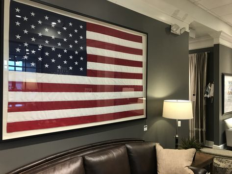 Framed Flags Ideas, Modern Americana Decor, Flag On Wall, Teen Boy Bedroom Ideas, Alfred Jones, Framed American Flag, Garage Man Cave Ideas, Americana Home Decor, Modern Americana