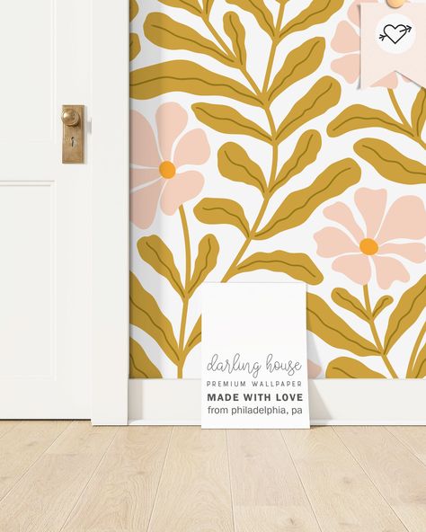 Diy Flower Mural, Floral Wall Mural Painting Diy, Pink And Mustard Color Palette, Modern Floral Mural, Pattern Mural, Boho Floral Wallpaper, Simple Flower Mural, Simple Wall Mural, Yellow And Pink Bedroom