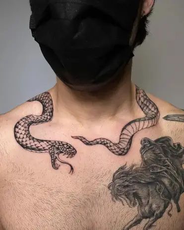 Neck Snake Tattoo, Snake Around Neck, Snake Chest Tattoo, Neck And Throat Tattoos, Snake Neck Tattoo, Neck And Throat Tattoos Men, Snake Bracelet Tattoo, Dragon Tattoo Shoulder, Throat Tattoos