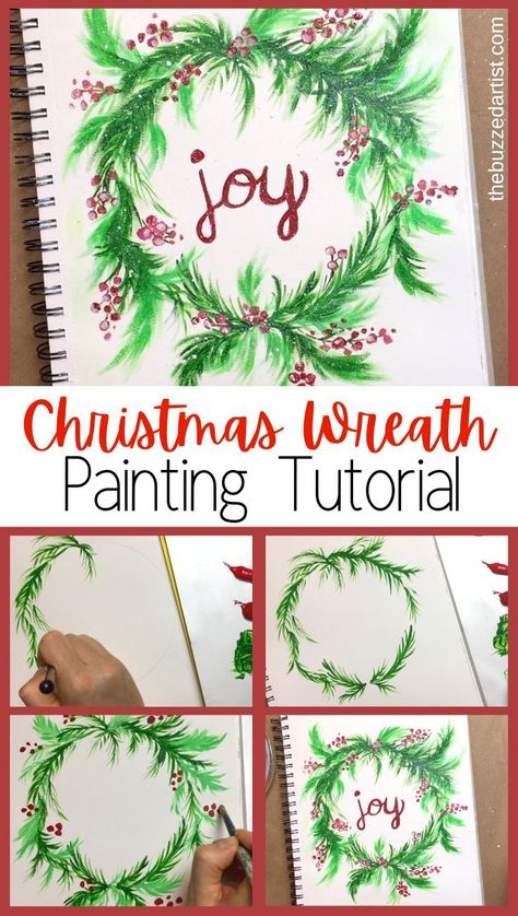 How To Paint A Wreath On Wood, Christmas Art Painting Acrylic Tutorial, Acrylic Painting Cards, How To Paint A Christmas Wreath, Christmas Canvas Paintings Easy Diy, How To Paint A Wreath, Easy Painting Ideas On Canvas For Beginners Christmas, Acrylic Paint Cards Ideas, Christmas Wreath Painting Acrylic