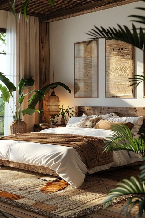 29 Afrohemian Decor Bedroom Ideas for a Captivating Retreat 23 Bedroom Decor Natural Earthy, Bedroom African Style, Earthy Colors Bedroom, African Room Decor Ideas, Greenery Bedroom Ideas, African Bedroom Ideas, African Style Bedroom, Afrohemian Style, Earthy Bedroom Aesthetic