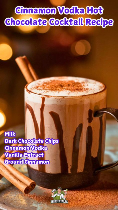 Indulge in the ultimate winter treat with this Cinnamon Vodka Hot Chocolate Cocktail Recipe. Perfect for chilly nights, this Warm Cinnamon Chocolate Cocktail combines rich hot chocolate with a splash of cinnamon vodka for a cozy experience. Enjoy a Spiked Hot Chocolate with Cinnamon Vodka that warms your soul, making it the ideal Cinnamon Vodka Winter Cocktail. Cinnamon Vodka, Hot Chocolate With Cinnamon, Vodka Hot Chocolate, Chocolate Cocktail Recipes, Chocolate Drink Recipes, Hot Chocolate Cocktail, Spiked Hot Chocolate, Winter Cocktail, Chocolate Cocktails