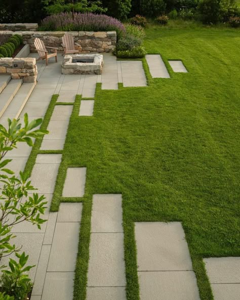 Lawn Stepping Stones, Paving Pattern Landscape, Landscape Sidewalk, Brick Pathway Garden, Patio Renovation, Garden Details, Fire Pit Seating Area, Paving Design, Residential Landscape