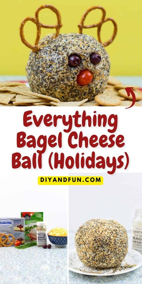 Everything Bagel Cheese Ball, a delicious and savory appetizer made with a seasoned cream cheese base and decorated for the holidays Everything Bagel Cream Cheese Balls, Everything Bagel Cheese Ball, Everything Bagel Cream Cheese, Cheese Ball Recipes Easy, Eggnog Fudge, Cream Cheese Ball, Holiday Cheese, Peppermint Marshmallows, Appetizer Sandwiches