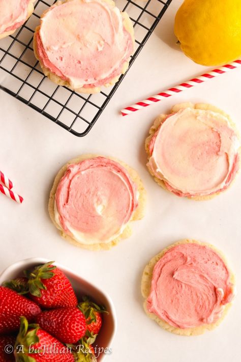 Strawberry Lime Cookies, Lemon Strawberry Cookies, Strawberry Lemon Cookies, Lemonade Cookies Recipe, Raspberry Lemonade Cookies, Strawberry Lemonade Cookies, Pink Lemonade Cookies, Lemonade Cookies, Lemon And Strawberry