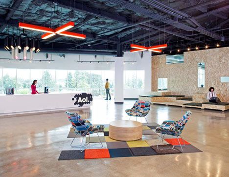 AOL Offices by Studio 0+A / @dezeen | #workspaces Interior Design Pictures, Office Design Inspiration, Open Ceiling, Chairs And Tables, Modern Office Design, Corporate Interiors, Black Ceiling, Cool Office, Workplace Design