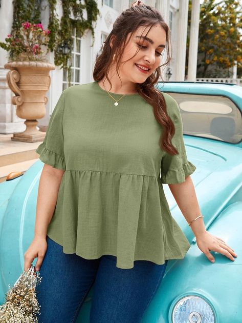 SHEIN Plus Ruffle Trim Peplum Top | SHEIN USA Blusas Peplum, Plus Size Peplum Top, Dress Over Pants, Plus Size Peplum, Summer Cotton Tops, Green Cute, Top Shein, Summer Plus Size, Trendy Fashion Tops