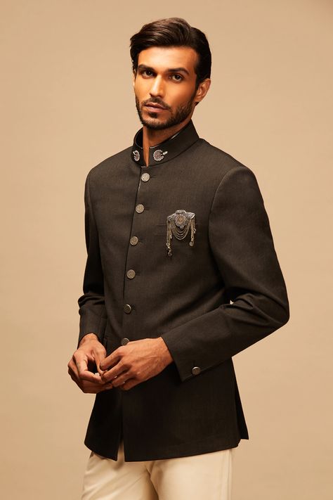 Buy Hand Embroidered Bandhgala by S&N by Shantanu and Nikhil - Men at Aza Fashions Black Embroidered Bandhgala With Traditional Drape, Festive Semi-stitched Embroidered Bandhgala, Black Semi-stitched Bandhgala For Festivals, Festive Black Embroidered Bandhgala, Festive Black Semi-stitched Bandhgala, Slim Fit Trousers Men, Shantanu And Nikhil, Slim Fit Mens Shirts, Embroidered Collars